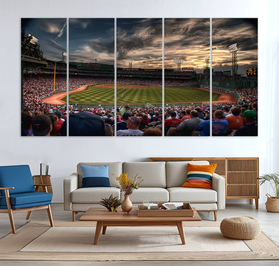 Boston Red Sox canvas print of Fenway Park at sunset, ideal for sports fans.