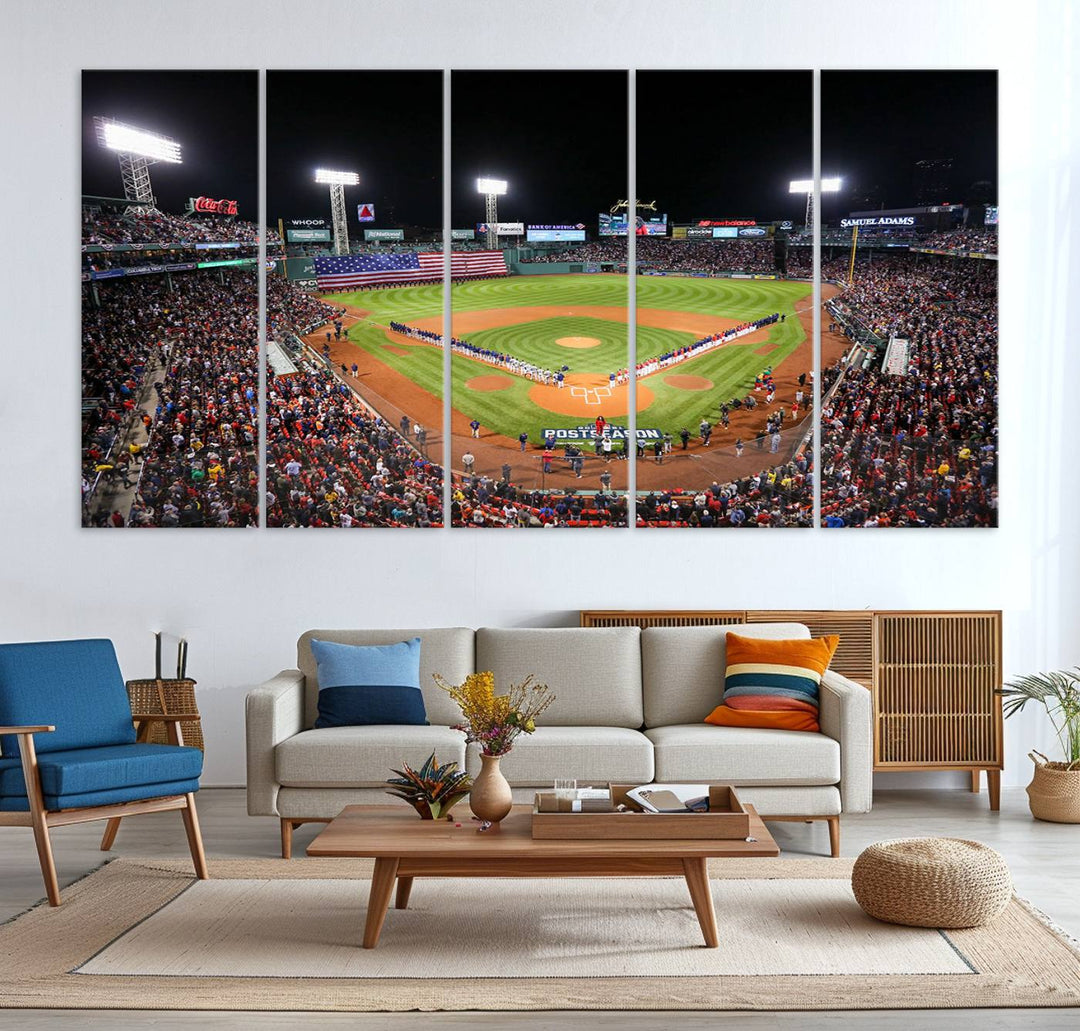 The Fenway Park Wall Art Canvas Print showcases a stunning aerial view of Bostons iconic ballpark at night, making it an ideal piece for any Red Sox enthusiast.