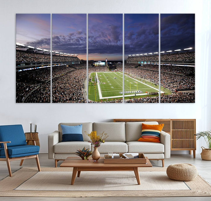 A large New England Patriots Foxborough Gillette Stadium wall art canvas print at sunset.