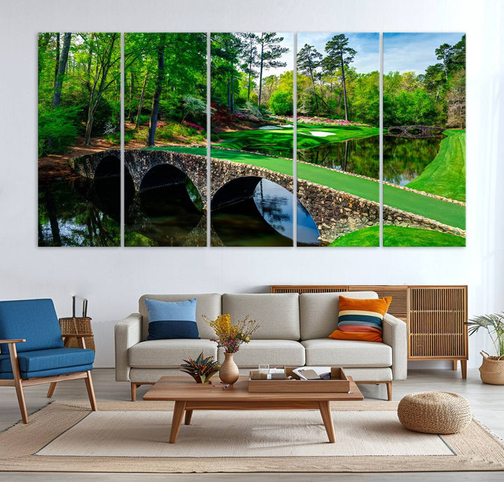 The wall art from Augusta National Golf Club showcases a panoramic bridge set against rich, lush greenery on a framed triptych canvas.