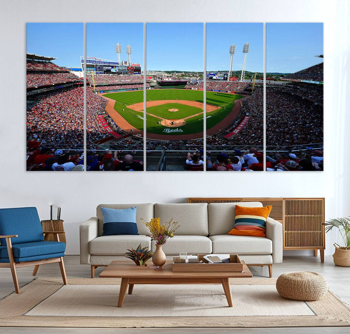 The Cincinnati Reds Baseball Team print of Great American Ball Park Stadium adorns the wall.