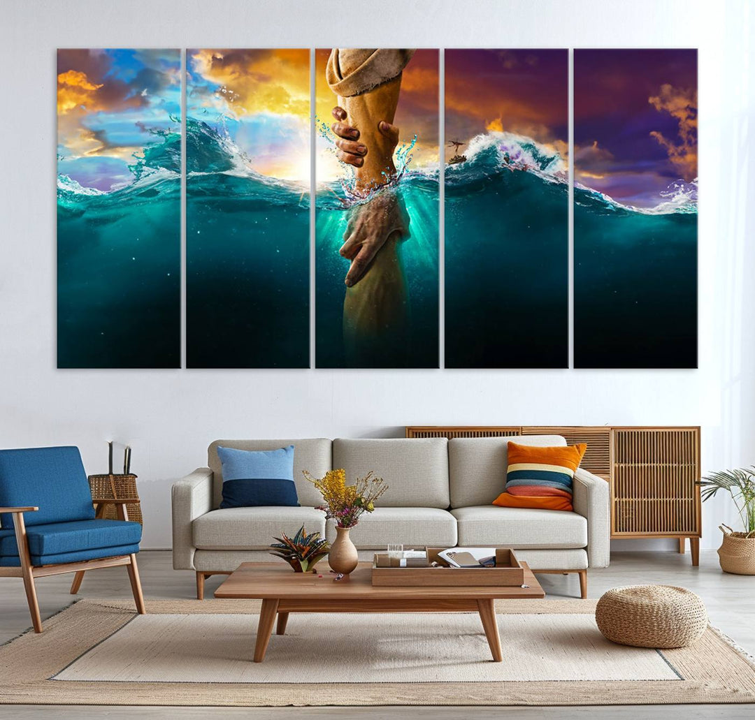 The God Hand Wall Art Canvas Print depicts hands reaching through water against a vibrant sky.