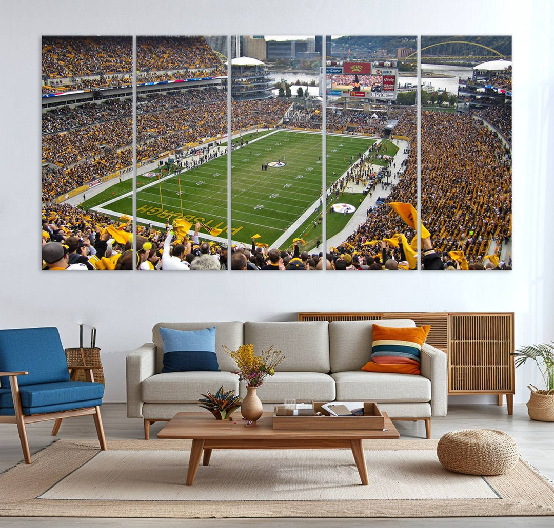 Heinz Field wall art and a cityscape serve as the backdrop.