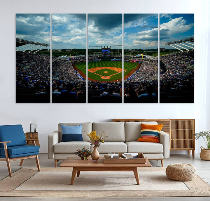 A 3-panel print of Kauffman Stadium, showcasing a crowded baseball field under cloudy skies.