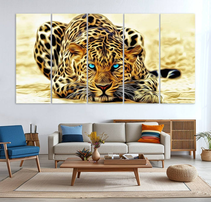 The Blue-Eyed Leopard Canvas Wall Art features a fierce and captivating design, perfect for wildlife enthusiasts. Its bold imagery makes it a striking decor piece, ready to hang.