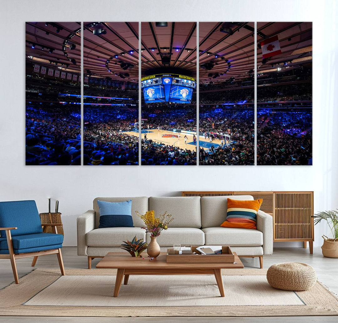 A print depicting an NBA game at Madison Square Garden, highlighting the scoreboard.