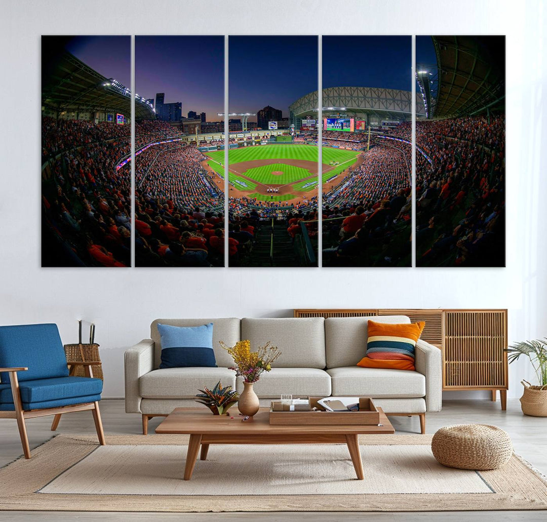 A canvas print of Houston Minute Maid Park at dusk is mounted on the wall.