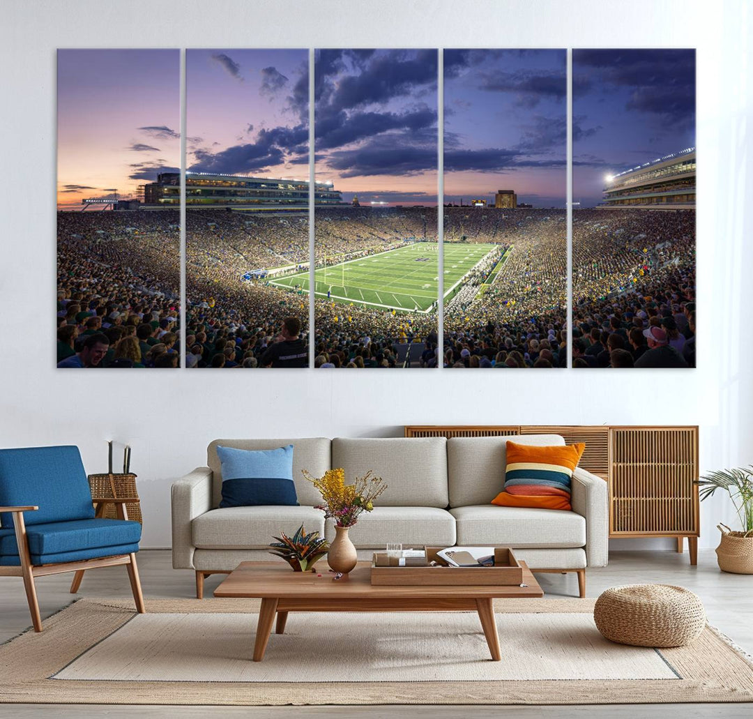 As the sun sets, a stunning backdrop highlights the Notre Dame Fighting Irish Football Team Print.