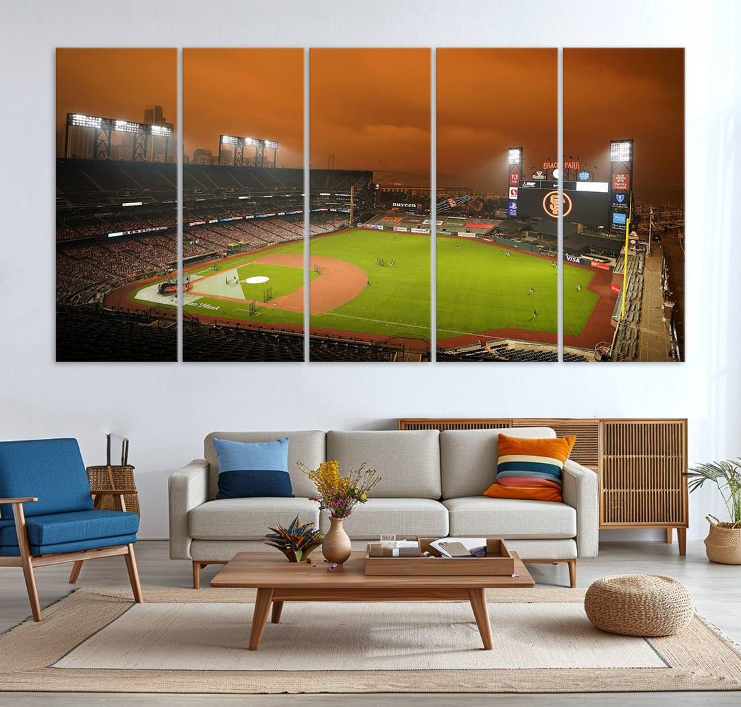 A canvas depicting an Oracle Park game with an orange sky, from SF Giants Stadium Wall Art.