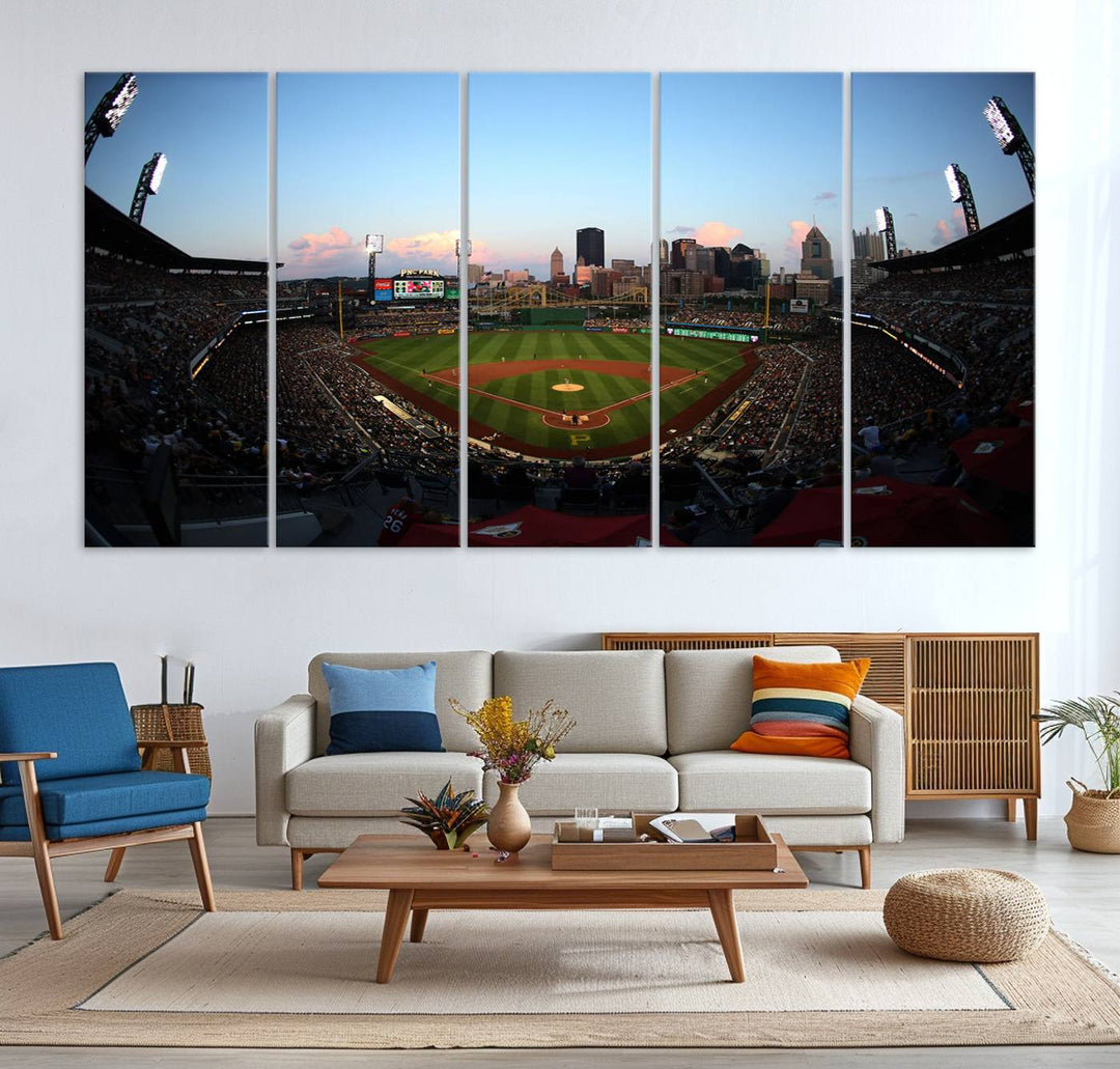 The PNC Park Evening Game Canvas, featuring a skyline backdrop, is displayed on the wall.