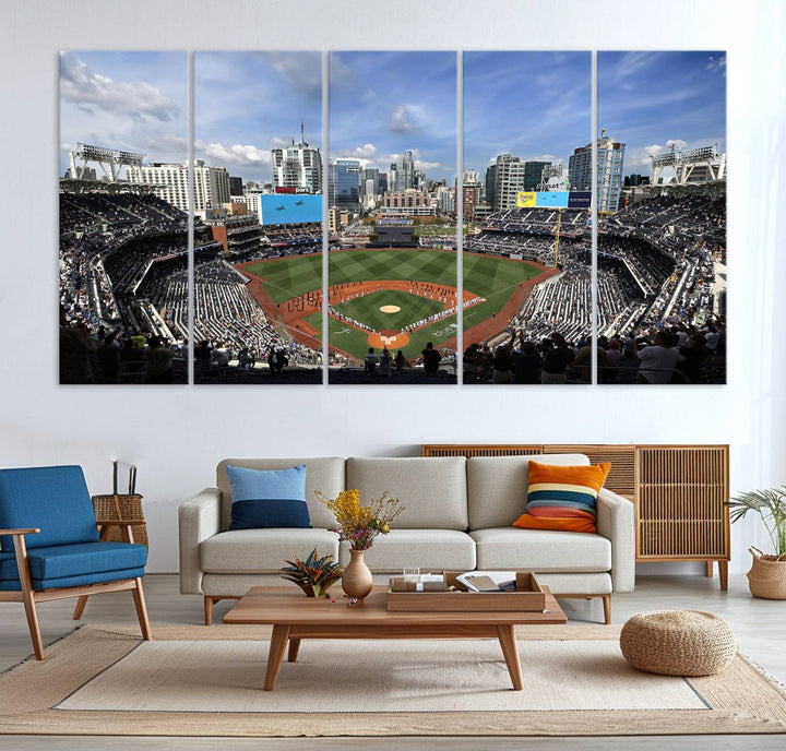 The San Diego Padres Baseball Canvas Print of Petco Park enhances the modern kitchen-dining area.