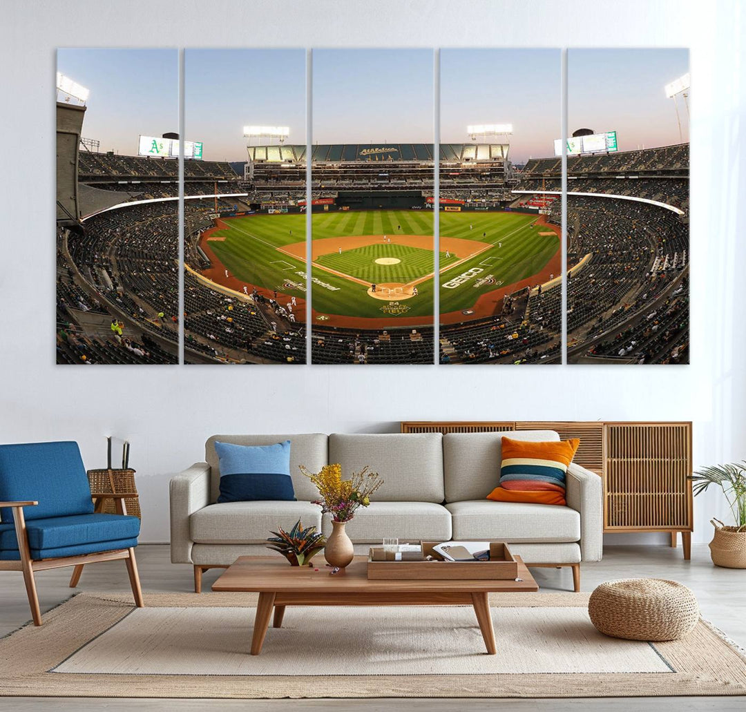 Oakland Athletics wall art canvas featuring the interior of RingCentral Coliseum Stadium.