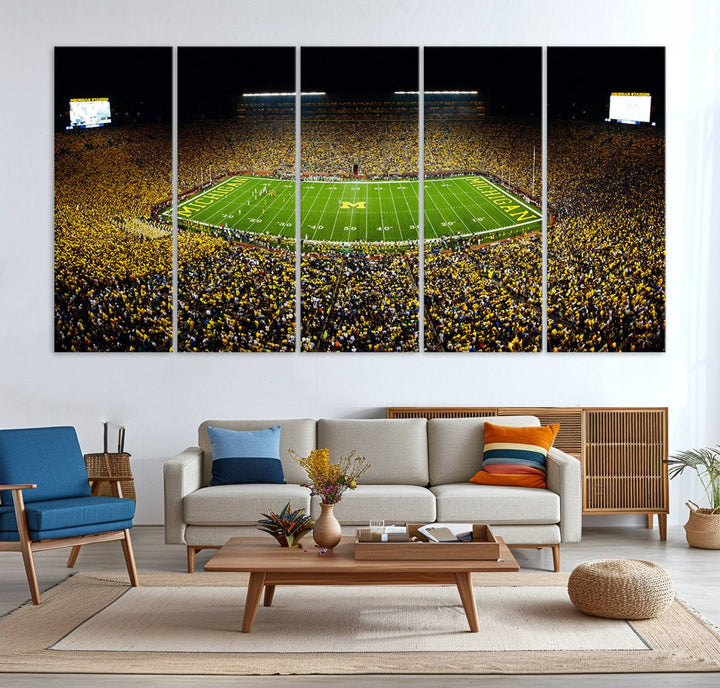 Aerial view of Michigan Stadium night game, ideal for Michigan Wolverines Football Team displayed on a triple canvas wall art.