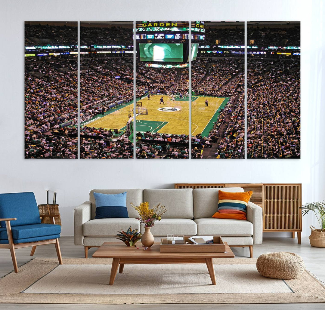 A vibrant depiction of a TD Garden basketball game is beautifully captured in the Boston Celtics Triple Canvas Wall Art, which comes framed and ready to hang.