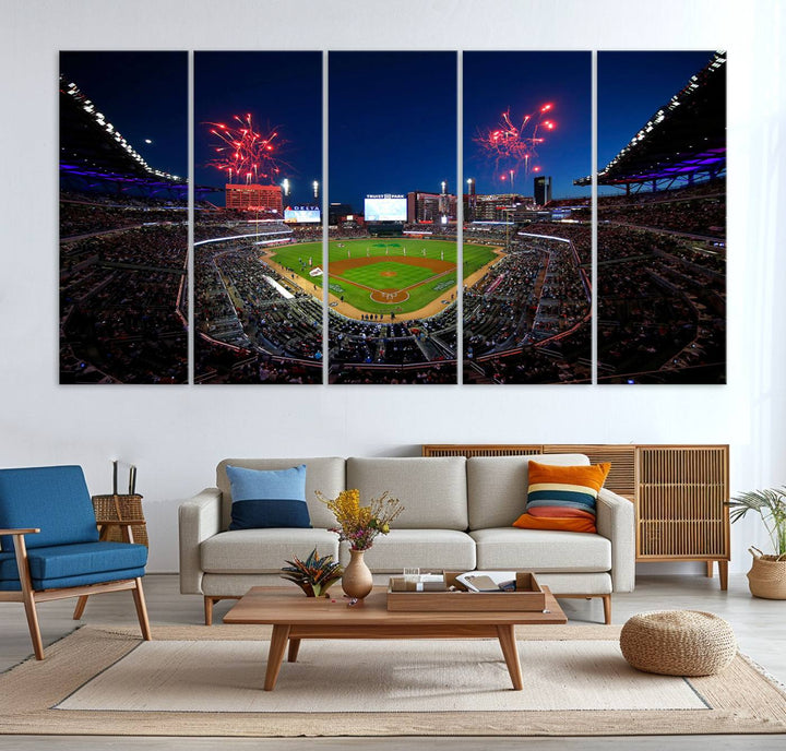 Truist Park wall art: fireworks over a Braves crowd, a large 3-panel canvas, framed and ready-to-hang.