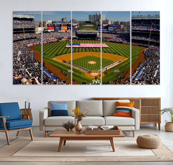 The Yankee Stadium New York wall art print features a vibrant scene of baseball fans with a large flag and players, expertly capturing the spirit of the game. This ready-to-hang décor is perfect for adding a dynamic touch to any space.