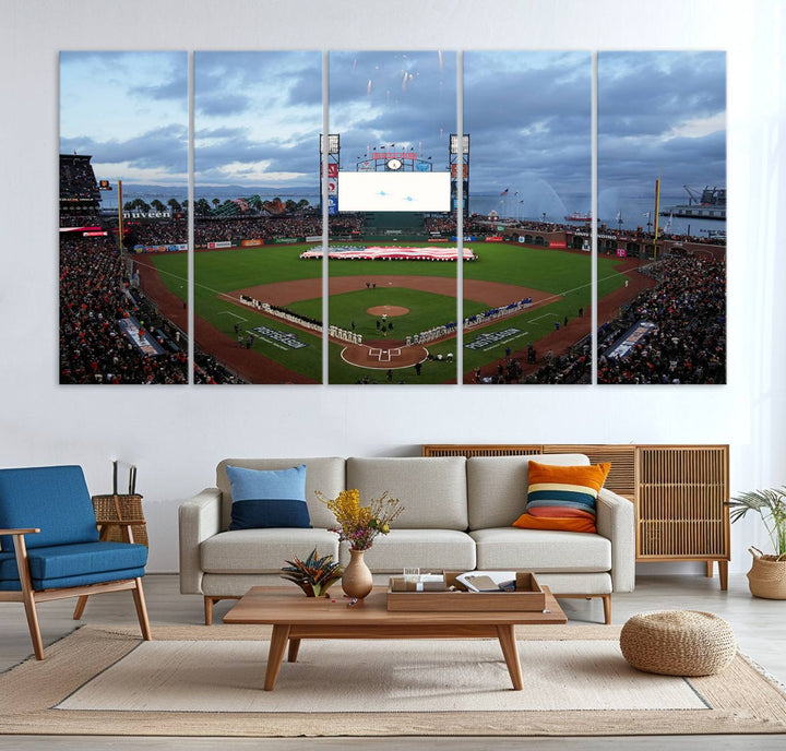 This framed 3-panel canvas MLB wall art features a giant flag and fans under a cloudy sky at Oracle Park.