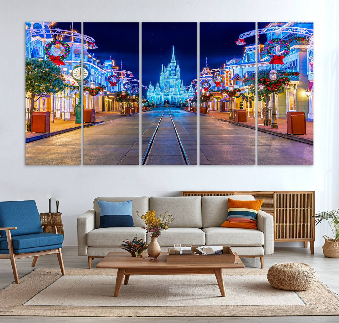 Disney wall art featuring a fantasy castle street at night.