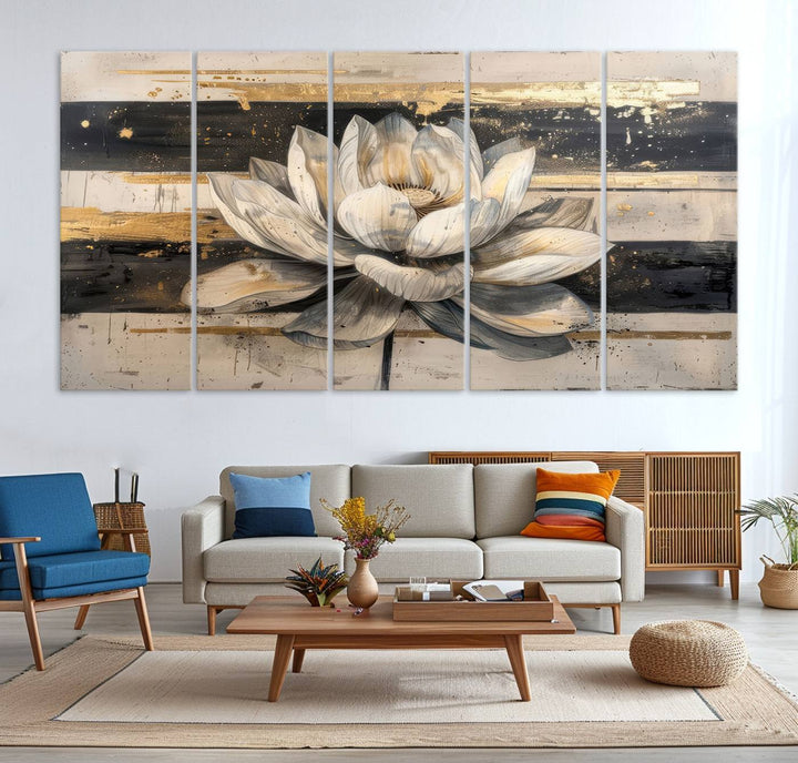 The wall is adorned with an Abstract Lotus Flower Wall Art Canvas Print.