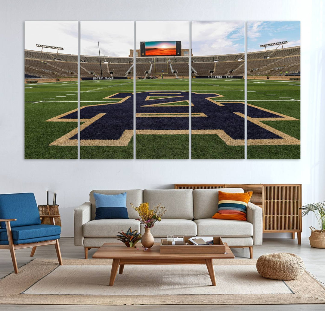 Notre Dame Stadium Triptych: This ready-to-hang giclee canvas print features a vibrant depiction of the football field adorned with an A logo and a stunning sunset.