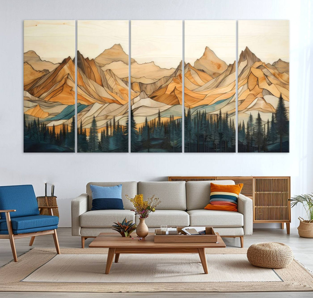 A triptych giclee print of mountains decorates the wall above the counter.