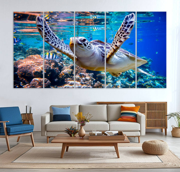 The Underwater Sea Turtle Wall Art Canvas Print serves as vibrant ocean décor, enhancing the kitchen with its stunning depiction.