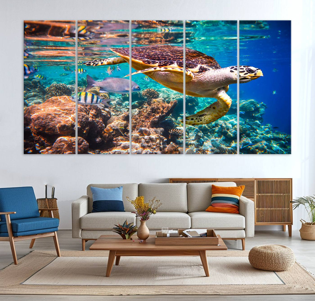 A Sea Turtle Wall Art Canvas Print features a colorful turtle swimming among coral. This artwork is ready to hang.