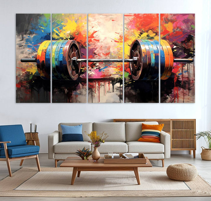 The Weightlifting Barbell Art Triptych hangs prominently on the wall.