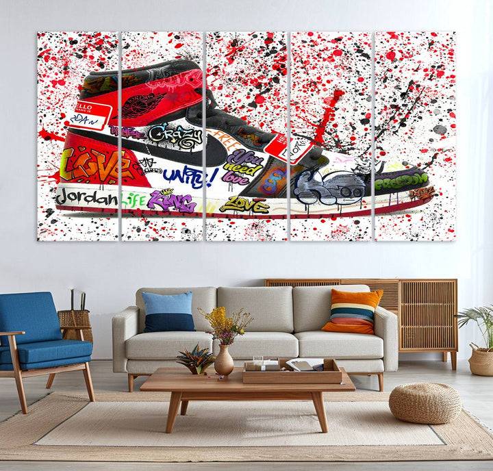 A Jordan Shoes Graffiti Canvas Print hangs prominently, perfect for sneakerheads and urban art lovers.