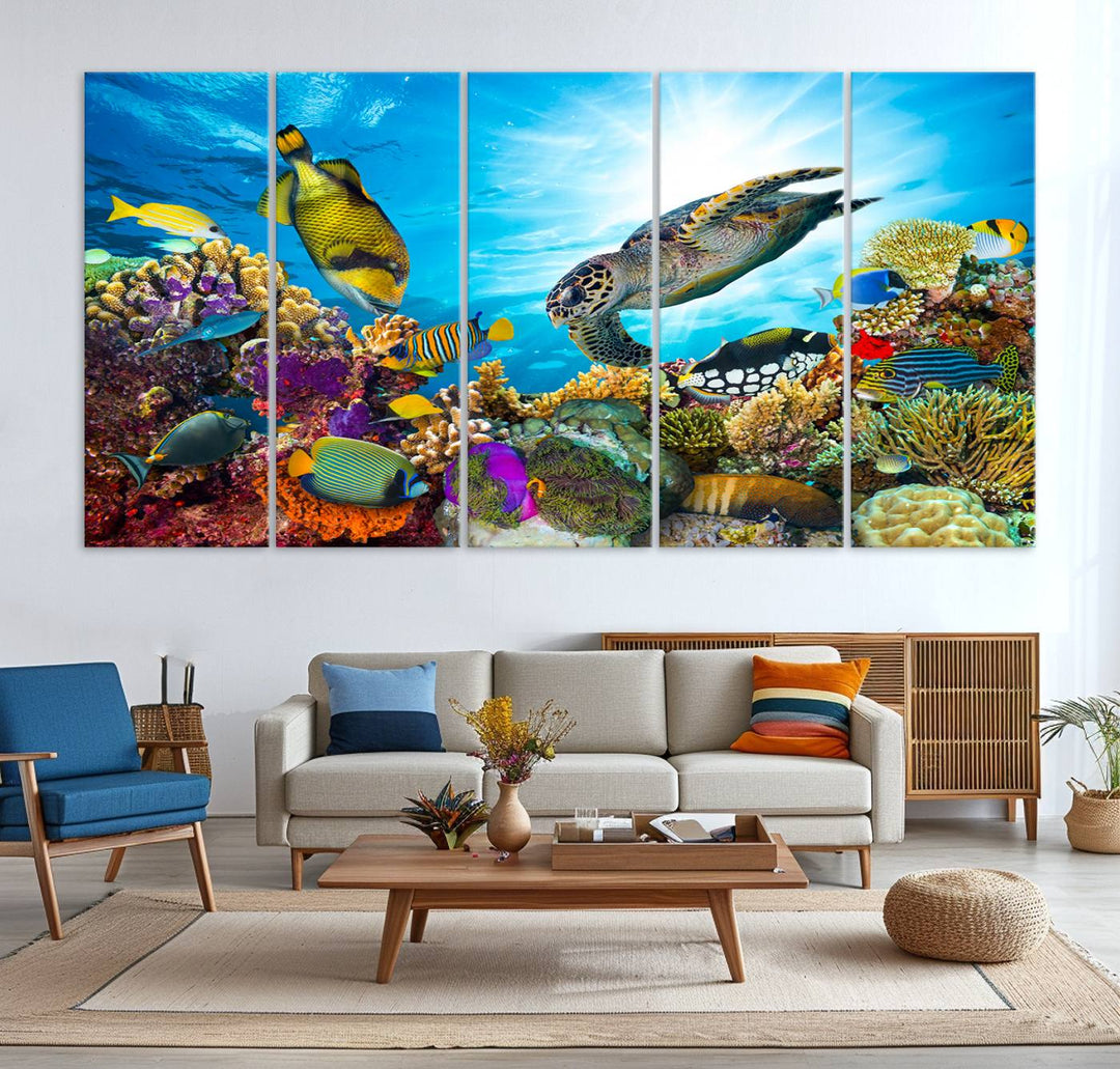 The Colorful Coral Reef and Sea Life Turtle Canvas Print brings vibrant ocean decor to your wall.