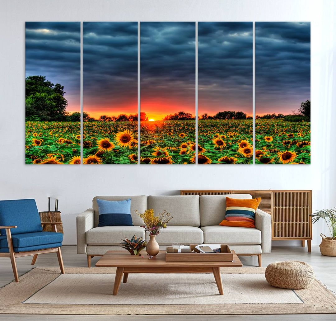 A Golden Sunflower Field at Sunset ready-to-hang wall art canvas print.