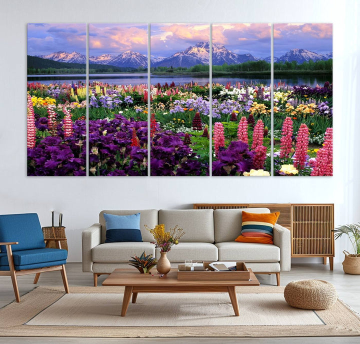 A Vibrant Wildflower Garden and Mountain View Giclee Print is displayed prominently on the wall.