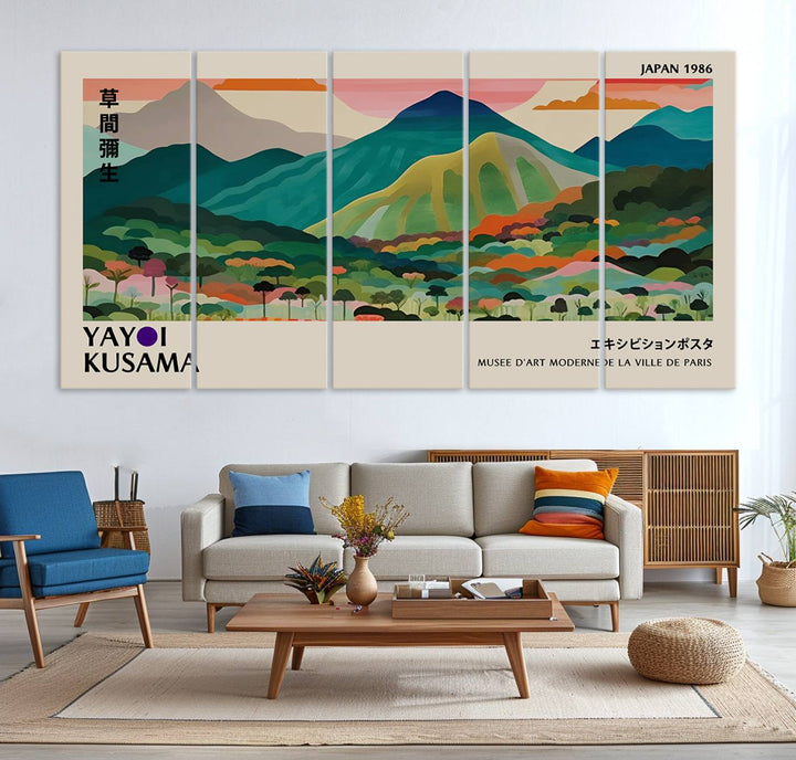 Vibrant Kusama landscape canvas featuring floral mountains and botanical decor, ideal for a modern home.