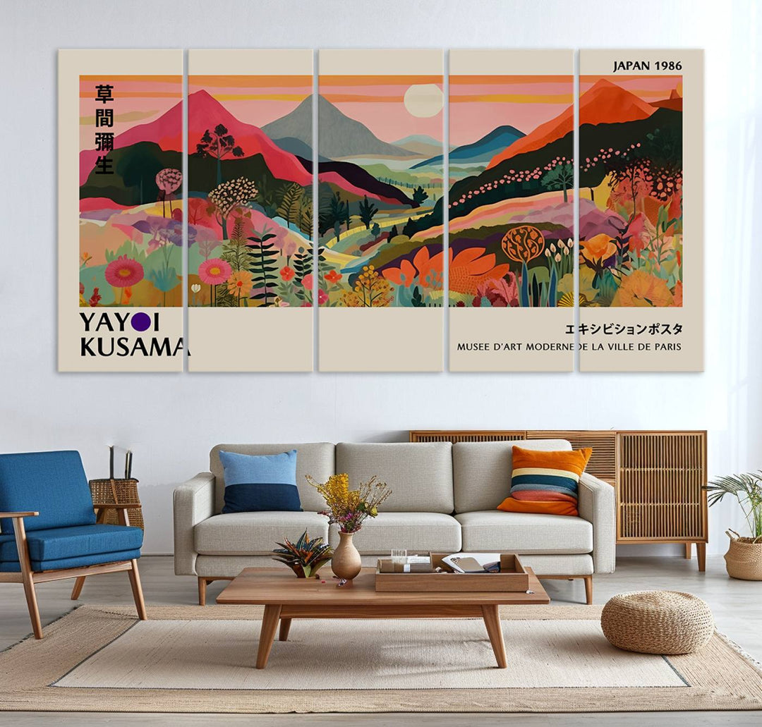 The Yayoi Kusama Landscape Print features vibrant floral mountains with abstract designs, ideal for modern decor.