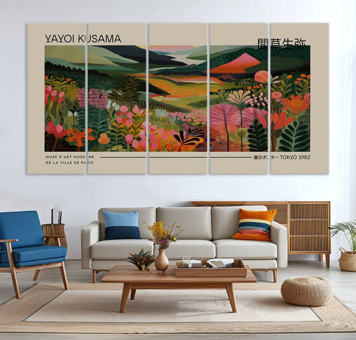 A Yayoi Kusama Landscape Canvas Print brightens the wall with vibrant floral and mountain art.