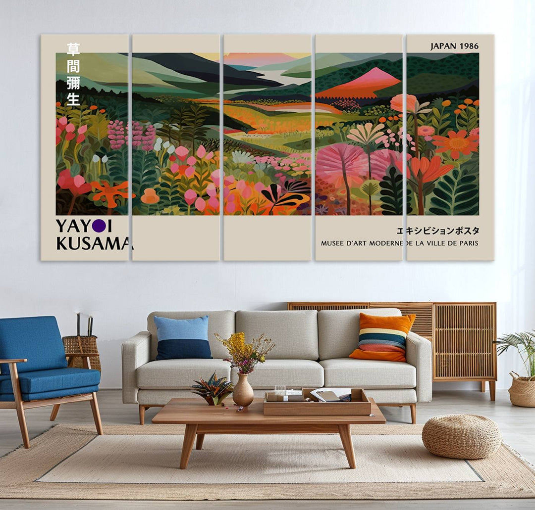 Yayoi Kusamas Landscape Canvas Print with vibrant floral mountain art adorns the wall.