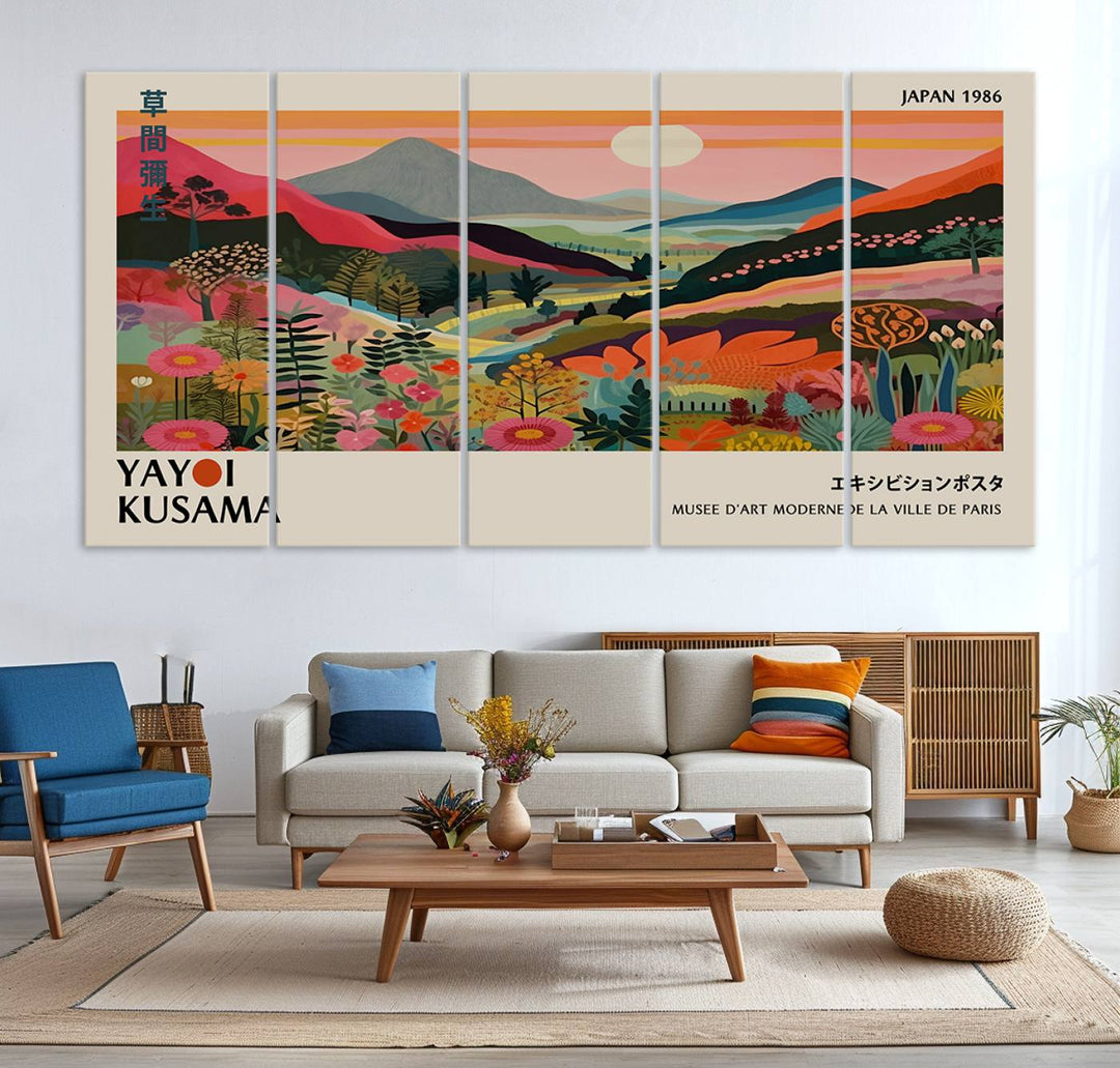 Yayoi Kusama Landscape Canvas Print: Vibrant mountain, sun, trees, and flowers art titled Japan 1936.