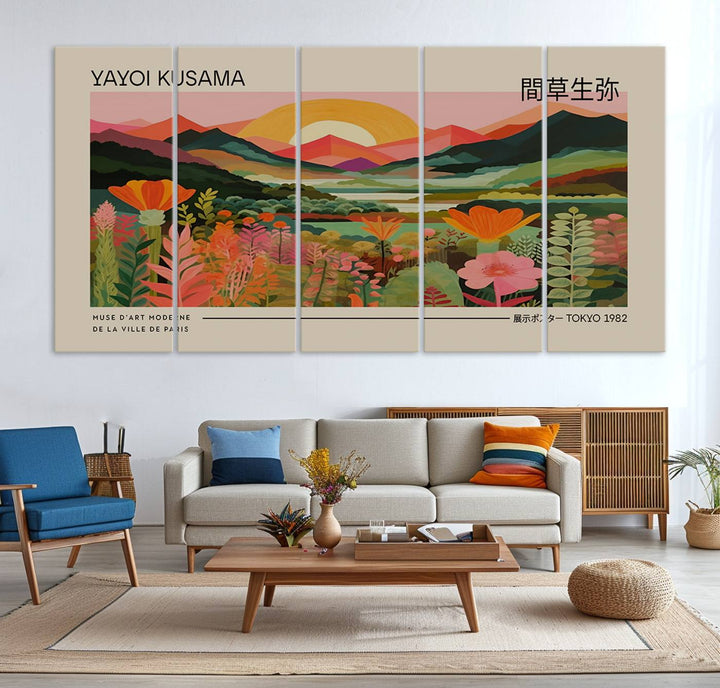 A Yayoi Kusama landscape print and an antique world map enhance the dining area.