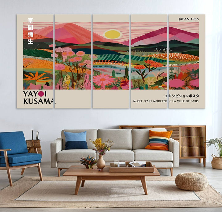 Yayoi Kusama Landscape Canvas Print, featuring a vibrant floral mountain design.