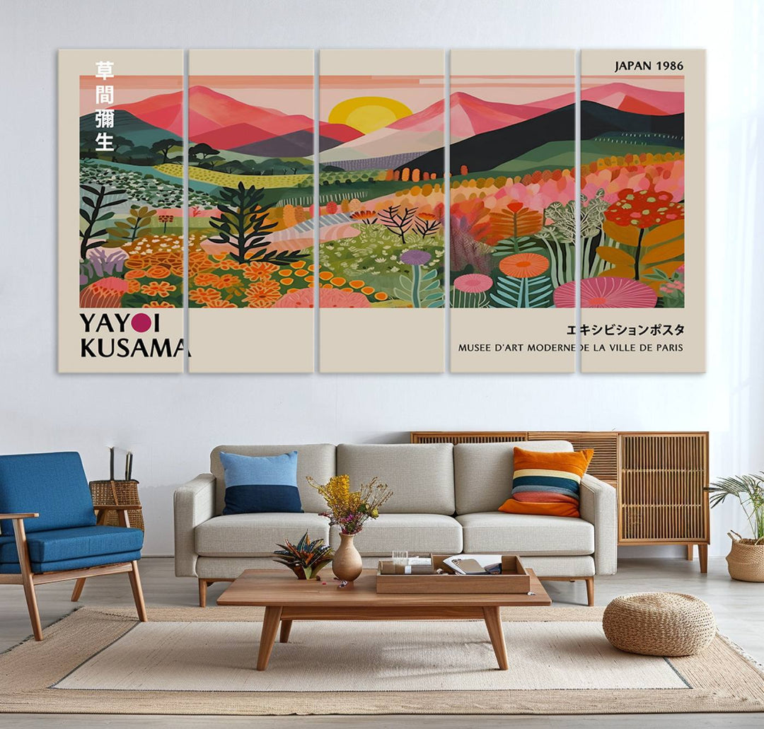 The wall art includes a vintage world map and Yayoi Kusamas colorful landscape.