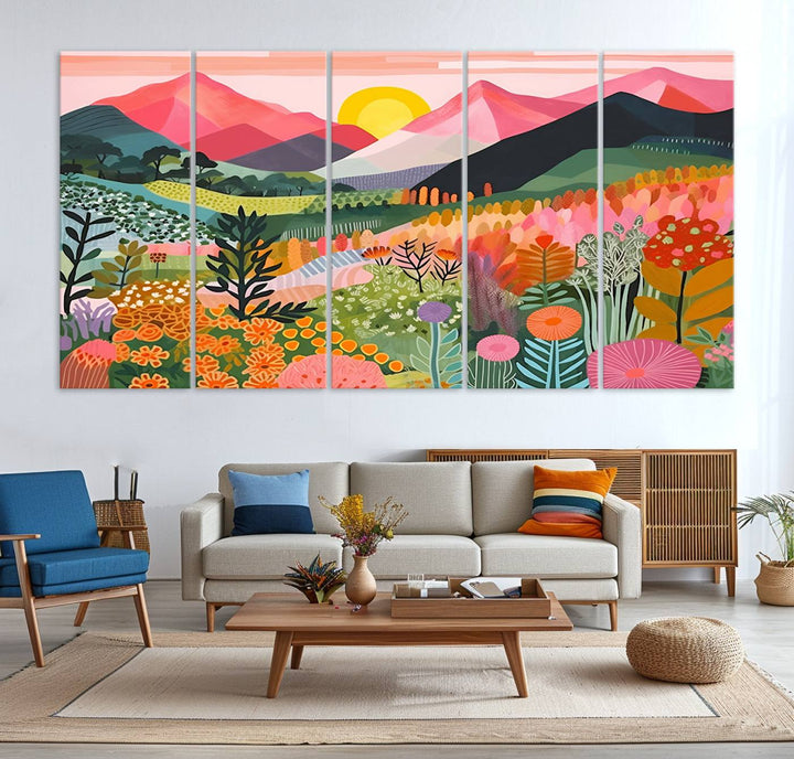 Vibrant abstract landscape canvas: Yayoi Kusama 1986 wall art print featuring mountains, sun, and flowers. Ready-to-hang.