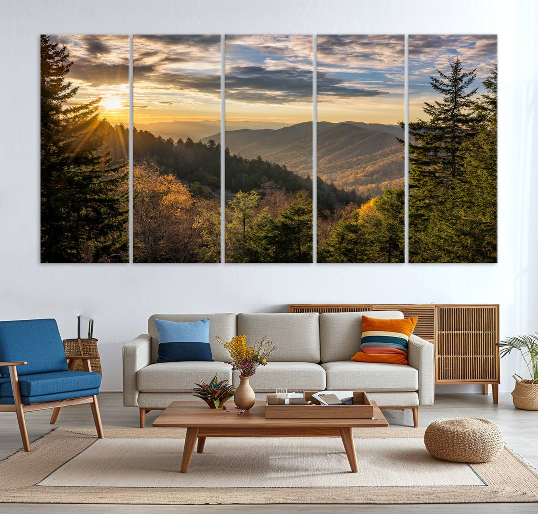 The dining area is beautifully decorated with the Sunrise Over the Smoky Mountains Canvas Wall Art – a breathtaking scenic landscape photography in a stunning triptych that's ready to hang.