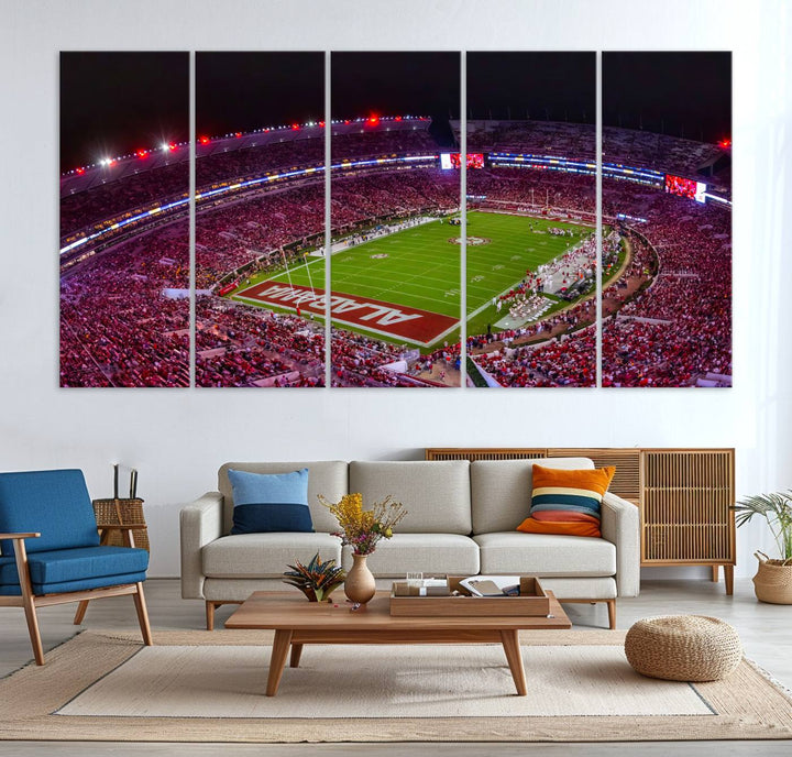 The living room features a Bryant-Denny Stadium Night Game Triple Canvas Wall Art.