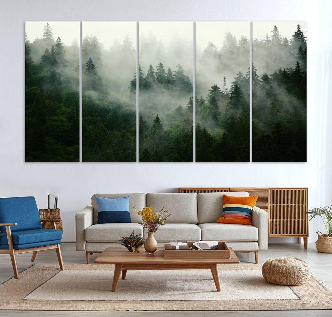 The Misty Forest Wall Art Canvas Print captures a serene, foggy evergreen landscape, evoking a mysterious woodland ambiance.