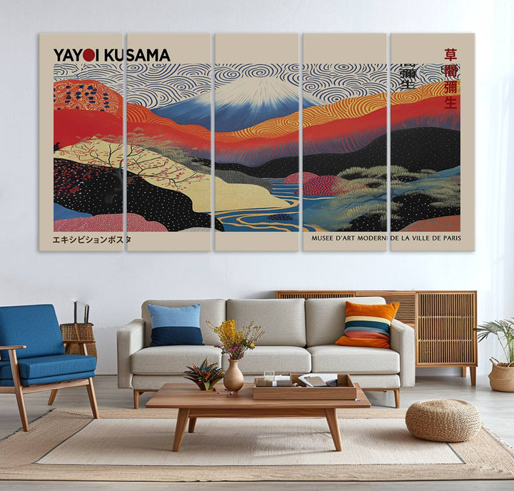 A framed Yayoi Kusama 1986 wall art print, showcasing vibrant abstract landscapes with a Wabi Sabi influence, is prominently displayed as a Japanese wall art piece.