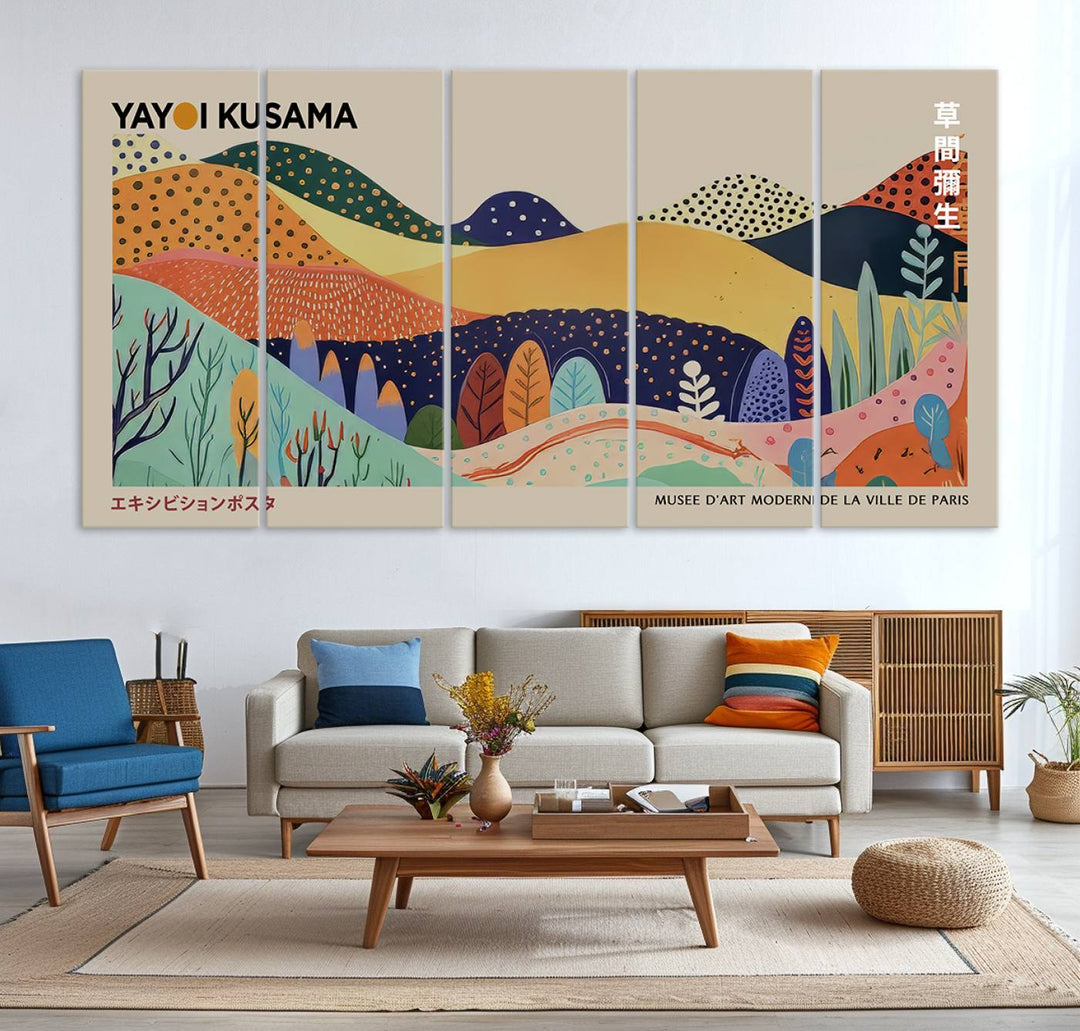 In a living room with contemporary décor, a vibrant abstract landscape by Yayoi Kusama from 1986 is prominently displayed.