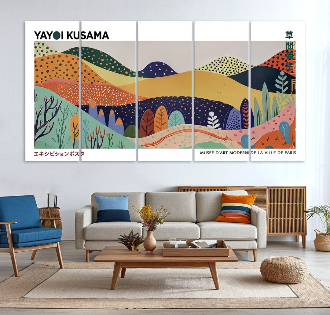 A triptych featuring the Framed Yayoi Kusama 1986 Wall Art Print hangs above. This Japanese Wabi Sabi inspired piece, rich in vibrant abstract landscapes, adds an elegant touch to any nature-inspired décor.