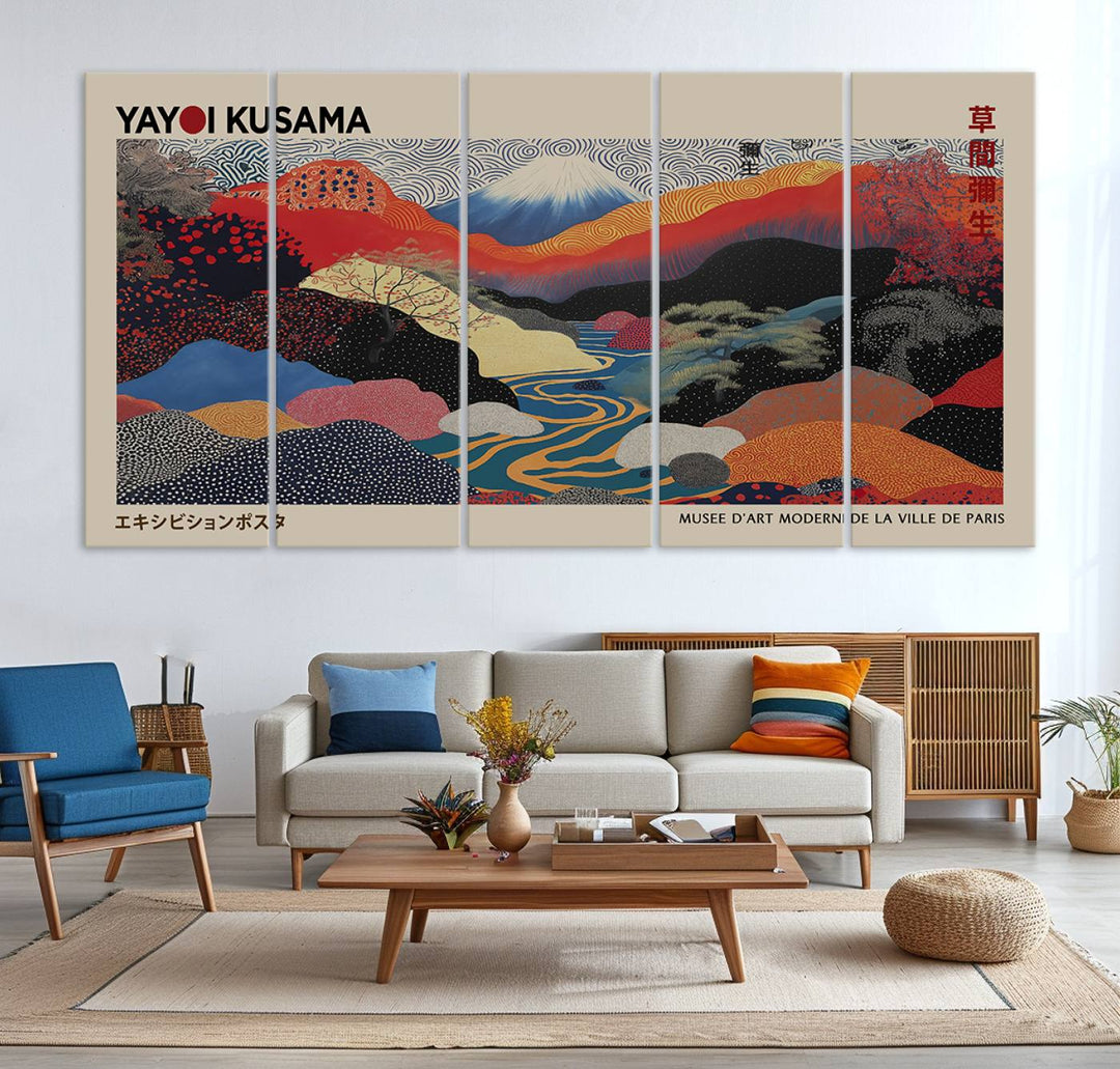 The room showcases Kusamas 1986 vibrant abstract landscape wall art print.