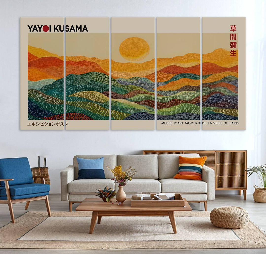 The vibrant abstract landscape depicted in the three-panel "Framed Yayoi Kusama 1986 Wall Art Print" seamlessly integrates nature-inspired décor.