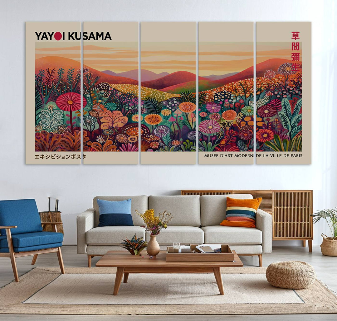 The room is adorned with a triptych artwork depicting colorful flowers and hills, incorporating the "Framed Yayoi Kusama 1986 Wall Art Print" – a vibrant abstract landscape canvas print that blends Japanese Wabi Sabi themes into contemporary nature-inspired décor.